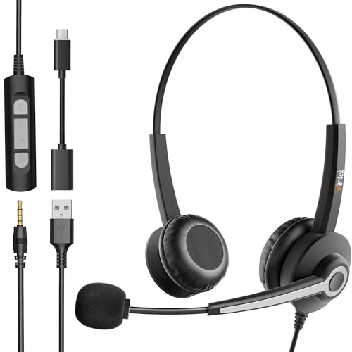Wantek Cuffie con microfono per cancellazione rumore USB/Type-C/3,5 mm, jack 3-in-1 PC, volume regolabile per Call Center, Skype, Zoom, Home Office, corsi online
