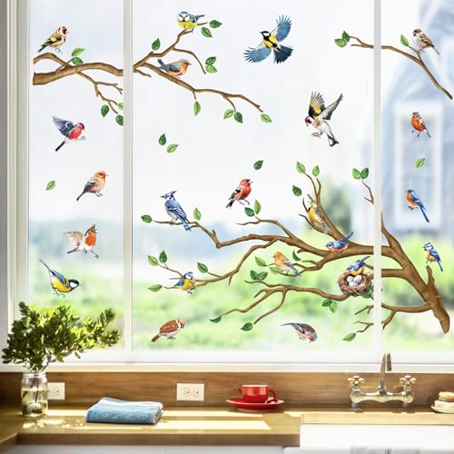 decalmile Fensteraufkleber Vögel auf Ast Fensterbilder Sommer Frühling Fenster Abziehbilder Groß Baum-Ast Zweige Vögel Anti-Kollision Fensterfolie Glas Fensterdeko Aufkleber