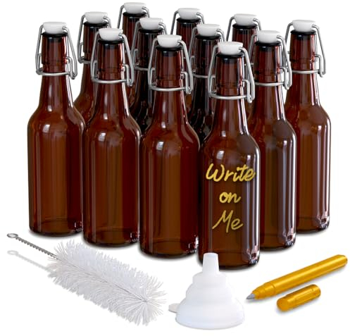 Nevlers 8.5 Oz Amber Swing Top Glass Bottles with Airtight Lid | Small Beer Bottle 12 Pack | Flip Top Glass Bottle Set with Funnel, Brush, Marker, Tags & Shrink Wrap | Homemade Vanilla Extract Bottles