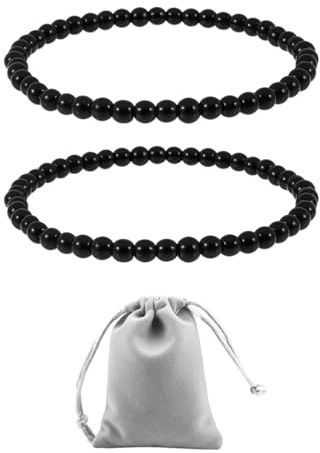 2 Bracciali Con Perline Nere, 1 Borsa Per Gioielli, Braccialetto Con Perline Semplice, Braccialetto Con Perline Di Pietre Preziose, Braccialetto Elastico, Regalo Di Gioielli