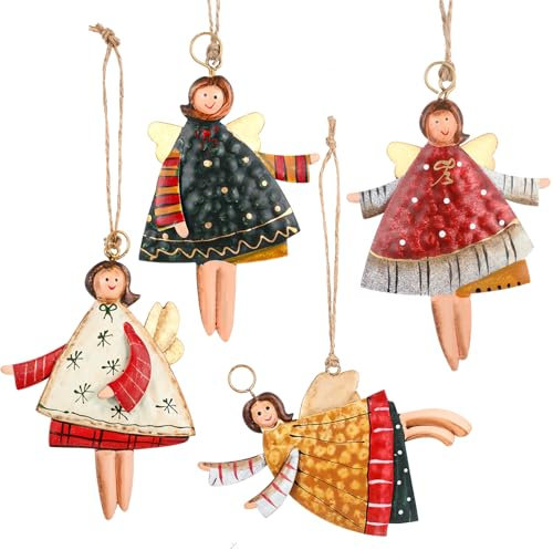 Andibro 4 ciondoli a forma di angelo di Natale, 4 stili, in metallo, decorazione natalizia, decorazione per albero di Natale, decorazione per finestra, festa