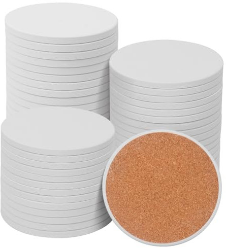 kukmakri 52 PCS Round Blank Ceramic Coasters - 4 Inch Unglazed Ceramic Coasters with Cork Backing Pads, Artistic Tile Coasters, Fit for DIY Coasters, Mosaics, & Crafts