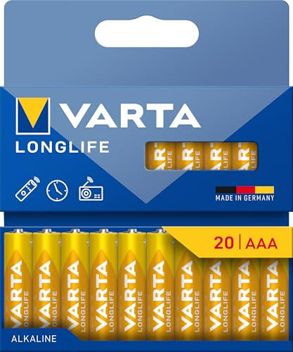 VARTA Pile AAA, confezione da 20, Longlife, Alcaline, 1,5V, ideale per telecomandi, sveglie, radio, orologi da parete, imballaggio riciclato al 90%, Made in Germany