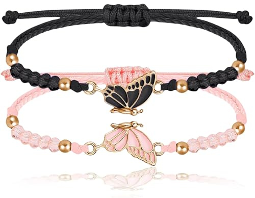Nayyana 2 pezzi BFF braccialetti, braccialetti abbinati con farfalla, braccialetti dell'amicizia fatti a mano, braccialetto regolabile per migliori amici, regalo gioielli, Nero+Rosa