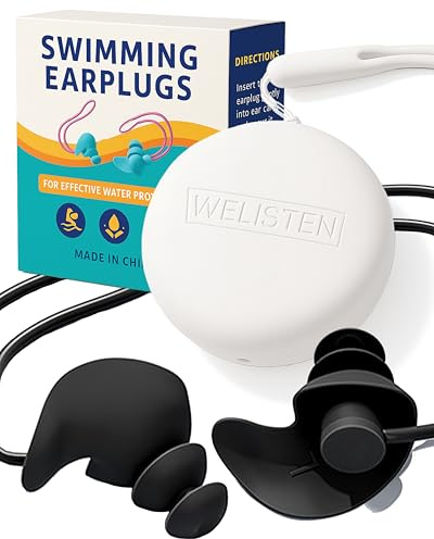 Swimming Ear Plugs for Adults, Waterproof Reusable Silicone Ear Plugs with Strap & Custom Case, Swimmer Earplugs for Surfing, Diving, Showering, Pool and Other Water Sports (Adults & Teens 14+)