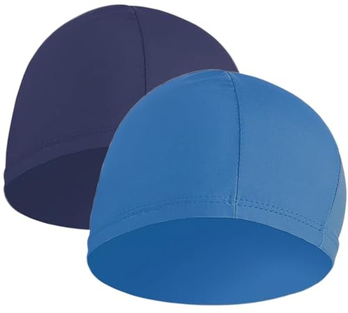 2 Pcs Swimming Caps for Kids Girls Boys and Adult Teenager, Comfortable Light Swimming Caps, Super Stretch No Pull Hair Swim Hats for Long and Short Hair for Kids 6-14 Years (Dark Blue&Light Blue)