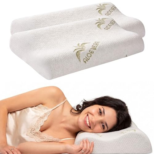 cuscini fiber - 2 Cuscino Cervicale per Dormire in Memory Foam con Fodera Aloe, Cervicale Collo Rimedi con Tecnologia a Doppia Onda, Guanciale in Morbido Memory Foam per Supportare il Collo 40x67
