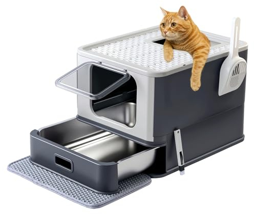 Marchul Lettiera Gatto,Lettiera per Gatti in Acciaio Inox, Cassetta Igienica Chiusa con Coperchio e Sistema a Cassetto, Doppio Accesso-Ingresso Anteriore Uscita dall'Alto, Grigio Scuro