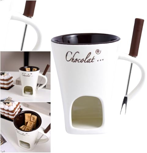 Meltie Cup chokladfondue-kopp set av keramik, mångsidig smörvärmare med fondue-gaffel, miniljus-uppvärmbar fondue-kruka för romantiska kvällar och fester