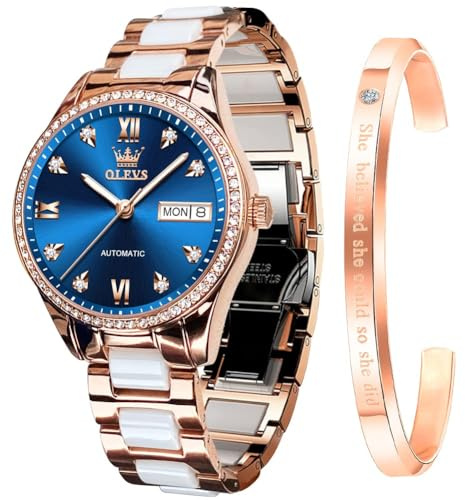 OLEVS Watch for Women Automatic Self Winding Mechanical Ladies Wrist Watch Big face Two Tone Stainless Steel Ceramic Bracelet Heart Diamond Fashion Luxury Ceramic Band Luminous Waterproof… (Blue-6637)