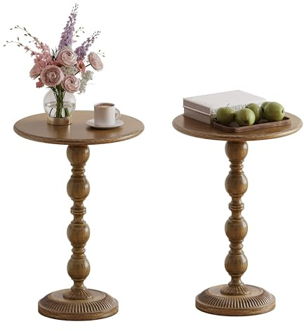 FormaCraft Small Round Metal Side Table, Lightweight Decorative Drink Table with Vintage Roman Column, Retro Distressed Accent Table for Living Room, Bedroom, Corners (2, Antique Gold)