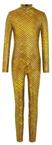 Agoky Mono Metálico para Niñas Body Cuello Alto Mangas Largas con Estampado Escamas De Pescado Mono De Gimnasia Deportivo Dorado 9-10 años