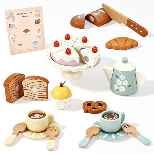 Pithfor Wooden Tea Set for Little Girls, Wooden Dessert Play Food for Toddlers Kids, Pretend Play Kitchen Accessories Toys for 1 2 3 Year Old