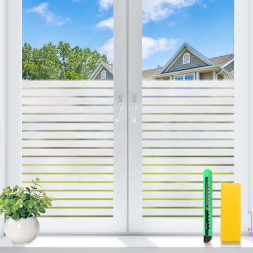 Weeoley Window Film Privacy Frosted Stripe 44.5x200 cm, Opaque Decorative Static Cling Glass Film No Glue UV Protection Privacy Film for Glass Windows for Home Office Kitchen