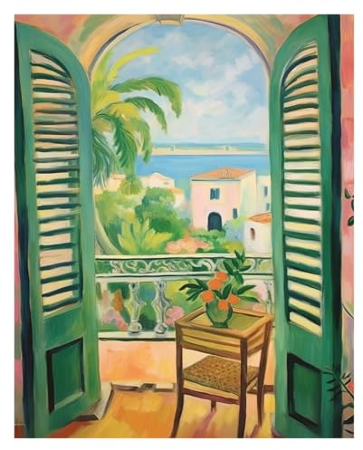 1 St Öppet Fönster Tryck Stil Fauvism Målning Hav Apelsinträd Kustnära Utsikt Canvas Affisch
