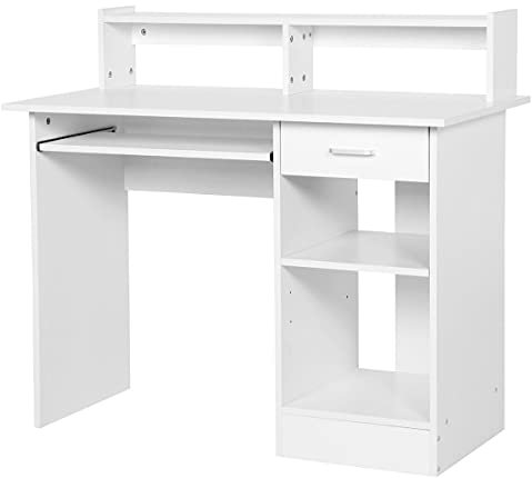 Yaheetech Bureau Informatique Table pour Étude Ordinateur avec Étagère Réglable Tiroirs Tablette Clavier Coulissant Blanc