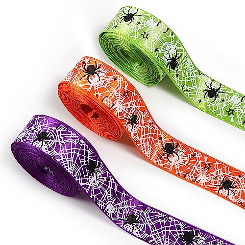 3 Rolls Halloween Wired Edge Ribbon, 15 Yards Spider Web Ribbon Colorful Halloween Decorative Ribbons for Crafts Wreaths DIY Festival Home Party Decorations