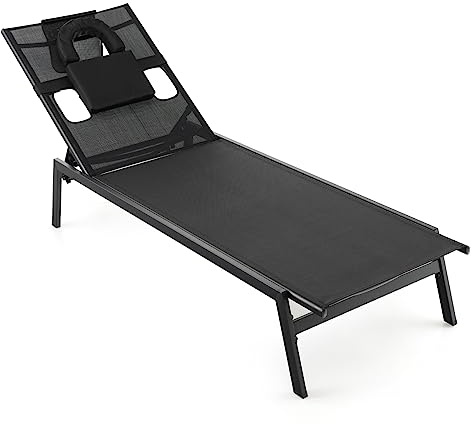 COSTWAY Tumbona Jardin Exterior, Respaldo Ajustable de 5 Posiciones, Tumbonas Piscina con Agujero para Cara y Almohadas para Cabeza Desmontables, Tumbona Playa Patio Terraza, Carga 150kg