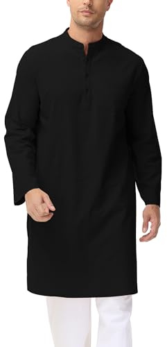 LVCBL Men's Abaya Kaftan Thobe Muslim Linen Long Sleeve Robe Whit Pockets Black 2XL