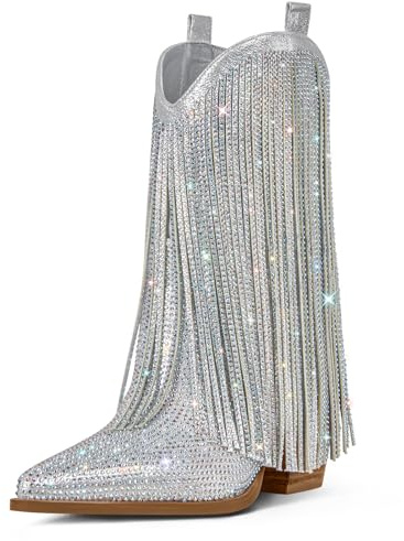 Ouepiano Cowboy Boots for Women - Cowgirl Rhinestone Boots with Sparkly Fringe Pointed Toe Western Boot Chunky Heel Pull-On Wide Calf Silver Botas Vaqueras Size 9