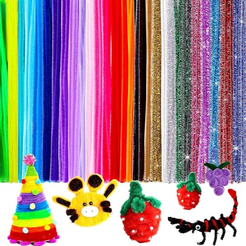 Daover 200 Stück 20 Farben Pfeifenputzer Bunt zum Basteln, Chenilledraht, Glitzer Pfeifenreiniger für DIY Basteln und Dekorationen
