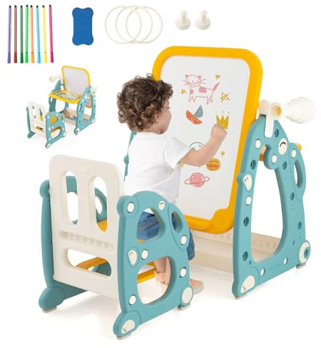 GOPLUS Juego de Mesa y Silla Infantil 4 en 1, Caballete Infantil con Pizarra Blanca Ajustable de 3 Niveles, Telescopio, Anillos, Marcadores, Mueble Multiusos para Niños de 1-8 Años