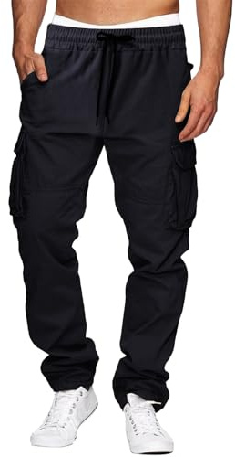THWEI Cargo Pants for Men Casual Cotton Drawstring Lightweight Relaxed Fit Work Pants Multi Pockets Black L