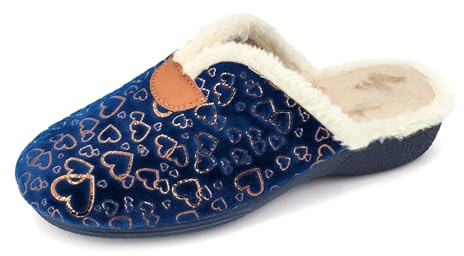 JOMIX Zapatillas Casa Mujer Invierno con Peluche Fabricadas en España Comodas Pantuflas Mujer Cuña con Estampado de Corazón MD2408, Navy, 41 EU