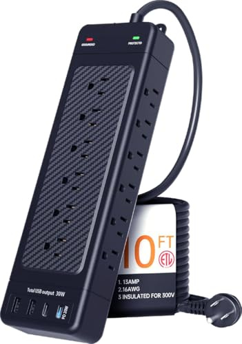NANOLAKE Surge Protector Power Strip 10ft Cord/High Joules Surge Protection (4800J)/Heavy Duty/Multiple outlets/Mountable/18AC/1875W/USB A+C(PD20W),Flat Plug,Commercial,Industrial,Office,Home,Black