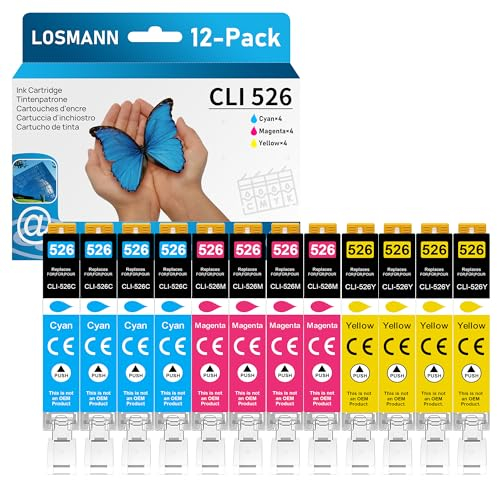LOSMANN CLI-526 Druckerpatronen Kompatibel für Canon 525 526 Tintenpatrone für PIXMA MG5140 MG5350 MG5150 MG5250 IP4850 IP4950 IX6550 MX885 MX715 MG6150 MG6250 MX895 MG8150 MG8250 (12er-Pack)