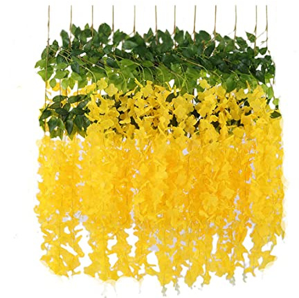 SZJH 12 st 9,5 m/delar konstgjorda falska blåregn vinstockar ratta hängande girlang silke blommor snöre hem fest bröllopsdekor (gul)