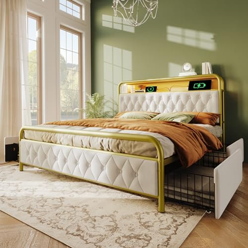 Polsterbett Doppelbett 180×200, LED Bett mit Aufladen USB Type C und 4 Schubladen, Bettgestell Metallbett mit Kopfteil Regalen, Bettrahmen Funktionsbett Jugendbett Gästebett, Samt, Ohne Matratze, Weiß