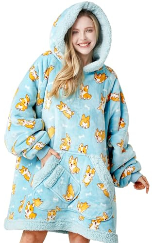 Giggling Getup Felpa con Coperta Indossabile per Donne e Uomini - Felpa con Coperta Oversize in Flanella e Sherpa Fleece, con Tasca e Maniche, Coperta, Regali di Compleanno per Adulti, Corgi