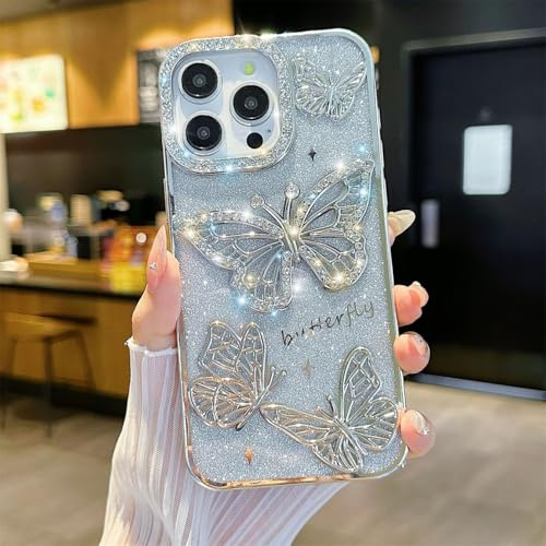 Rokmym Fodral kompatibelt med iPhone 13 söt 3D fjäril mobiltelefonfodral bling diamant glitter kamera skydd mjuk TPU stötfångare stötsäkert fodral skyddsfodral för iPhone 13, silver