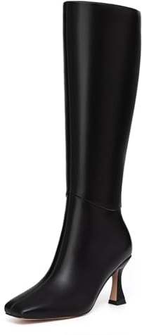 Athlefit Black Knee High Boots for Women Kitten Heel Square Toe Tall Boots Fashion Stiletto High Heel Dress Booties Size 8