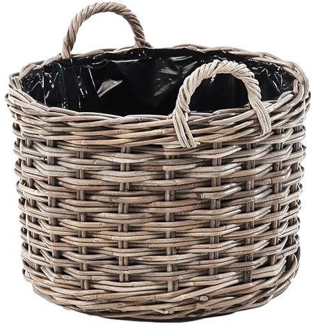 Kobolo Pflanzkorb ZELENA 42x42x35 cm, rund, grauer Rattankorb mit Folie & Griffen, dekorativer Übertopf für Pflanzen, Kräuter, Garten, Balkon, Terrasse, Innen- & geschützten Außenbereich
