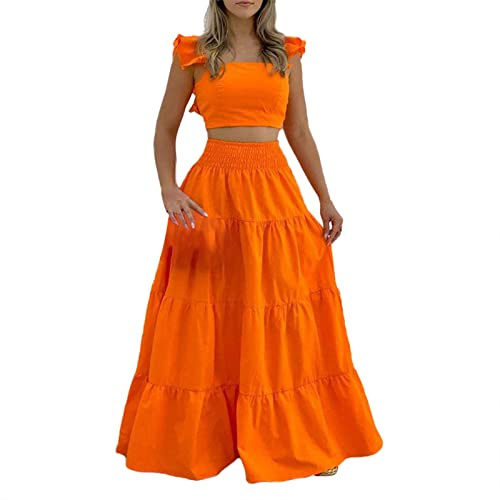 Vestido de dos piezas para mujer, elegante top corto de manga con volantes y cintura elástica, falda sexy con vuelo, conjunto de falda larga casual de verano, vestido largo floral para verano