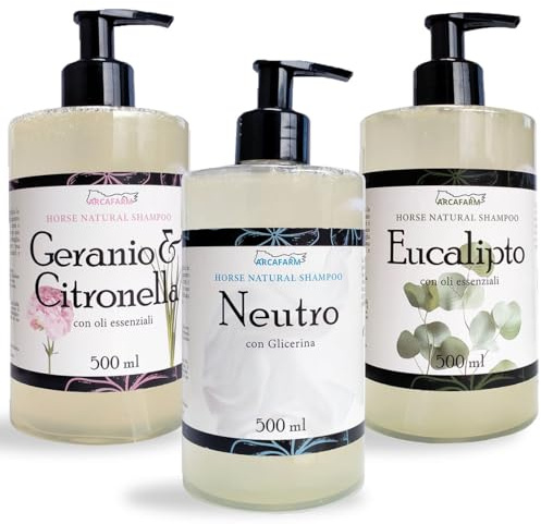 Set 3 Shampoo Naturali per Cavalli Arcafarm (Geranio & Citronella, Eucalipto, Neutro 3x500ml) Pulizia Profonda, Idratazione e Protezione Naturale, Prodotto detergente per Animali - Made in Italy
