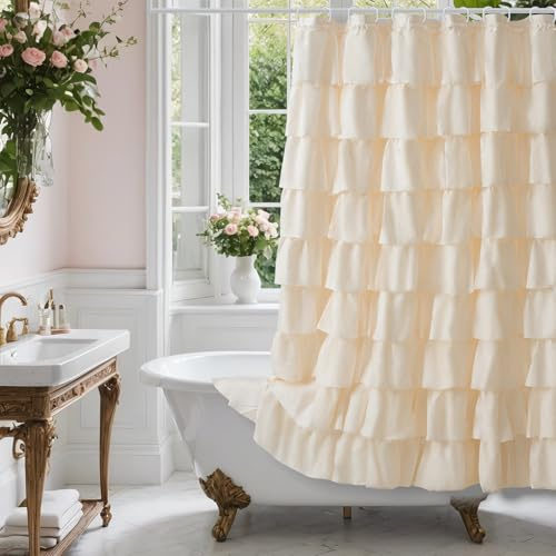 WestWeir Beige Ruffle Shower Curtain - Farmhouse Ruffled Design, Cream Boho Bathroom Curtain with Elegant Layered Ruffles, Rustic Shabby Chic Style, 72x72 Fabric Decorative Drapes
