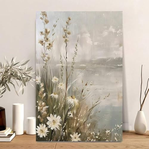 Decoración vintage, cuadro de paisaje de flores silvestres, decoración de pared estética, pintura en lienzo con impresión de flores y naturaleza, mural artístico en lienzo de 80 x 110 cm con marco.