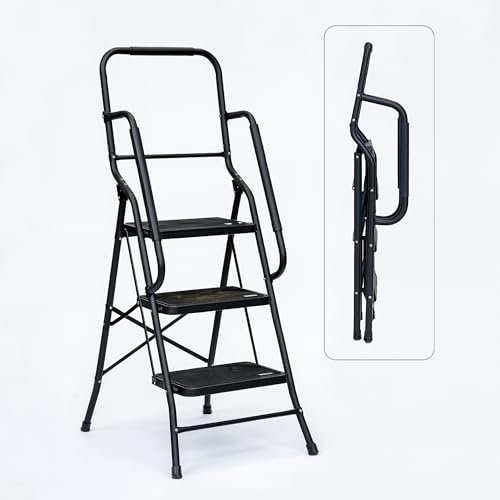 Bestfor Folding Ladder 3 Step, Cushioned Hand Rails, Extra Wide Non-Slip Steps, 150kg Limit, Durable Steel, Easy Fold & Carry, Space Saving, Black Step Ladder for DIY and Decorating