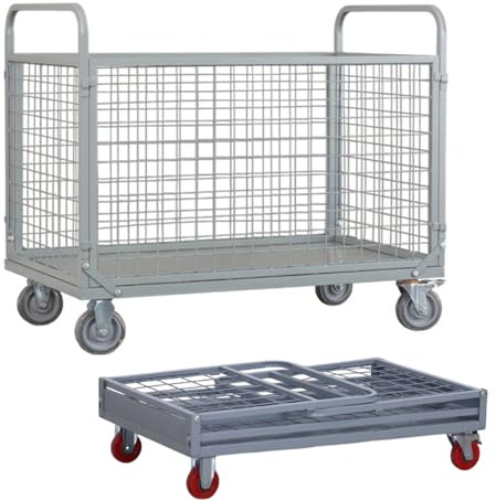 Carro de Plataforma con Jaula, Carro de Plataforma de Alta Resistencia, Carro de Empuje Plegable Multiusos con Ruedas, Capacidad de 907 kg, para supermercados, lavandería, estanterías(100x60x85cm)