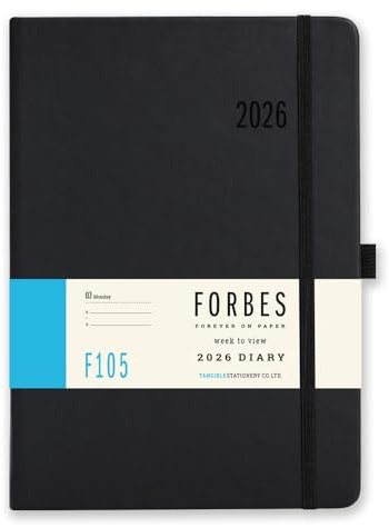 2026 Diary - Forbes Collection from Tangible Stationery Co. Ltd - A5 Week to View with Appointments - Ribbon Marker - Elastic Closure - Storage Pocket - Black