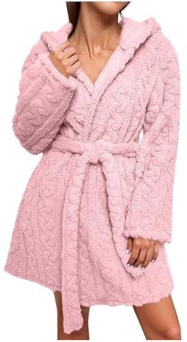 HAOLEI Albornoz para Mujer de Rizo Ligero Albornoz Corto de Manga Larga con Capucha Suaves Cómodos Bata de Baño de Forro Polar Coral Extra para Sauna Gruesos y Cálidos Albornoces Casual Loungewear