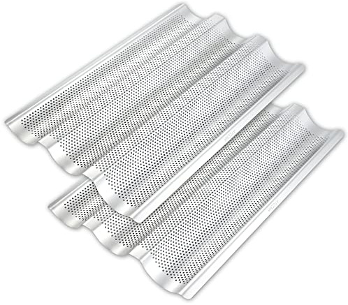 Teglia perforata per baguette francese, 38 x 25 cm, 3 onde per forno, vassoio di cottura in acciaio inossidabile, confezione da 2