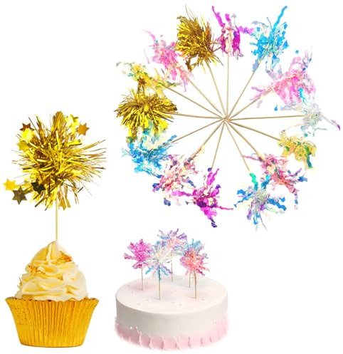 BSITSSS 70 Pezzi Fuochi D'artificio Stuzzicadenti Decorativi, 7 Colori Bastoncini Fuochi Dartificio, Fuochi D'artificio Cake Topper Cocktail Decorativi per Feste di Compleanno Matrimonio San Valentino