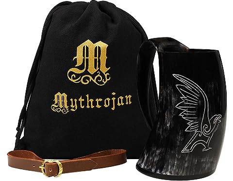 Mythrojan Viking Horn Mug 100% Authentic Beer Mug Genuine Horn 600 ML Tankard Vessel With Free Leather Strap Unique Gift For Men and Women