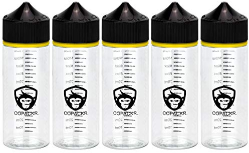 Copackr V3 5 flaskor x 120 ml graderade PET-flaskor från Chubby Gorilla – droppflaskor, genomskinlig flaska med svart förslutning