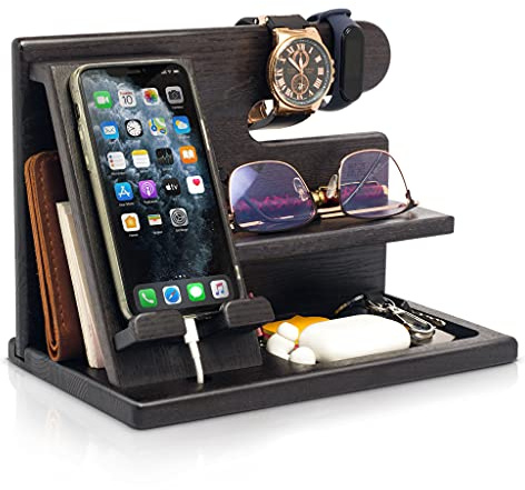Teslyar Dad Gifts Wood Phone Docking Station – Nightstand Organiser with Key Holder, Wallet & Watch Stand, Wooden Desk Organizer Phone Dock, Birthday Anniversary Husband Men Gifts (Black)