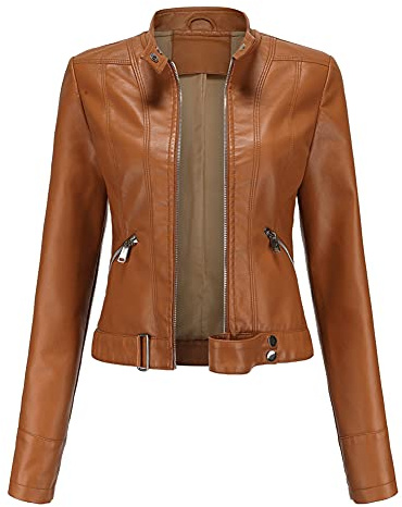 YYNUDA - Chaqueta de piel sintética con cremallera para mujer, estilo motociclista, corta, ajustada y con diseño PU, marrón, XXL